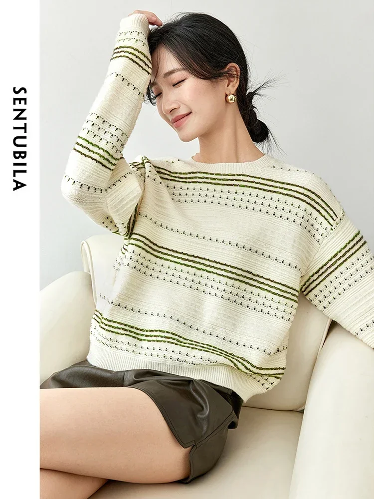 SENTUBILA Women Wool Knitted Striped Pullovers   2024 Autumn Bright Line O Neck Drop Sleeve Simple Cont Tops W43E56352