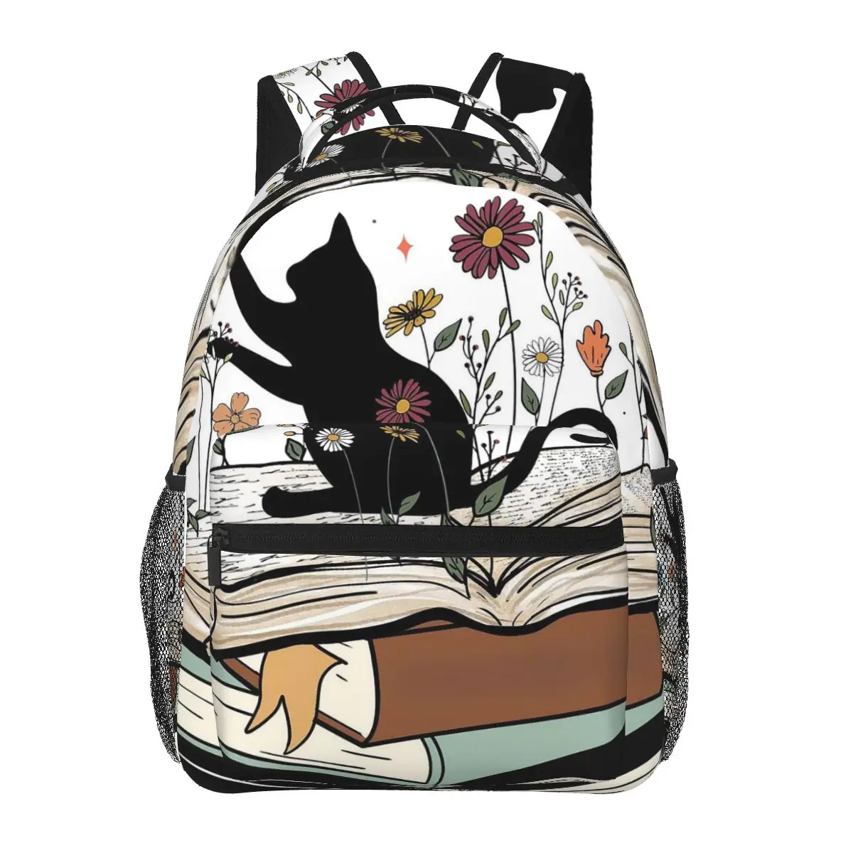 

Black Cat In A Book Surround Colour Flower Student Backpack School Bag Hiking Travel Daypack for Men Women Bookbag Shoulder Bags