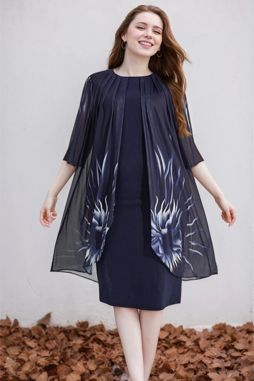 

Plus Size Women's Fake Two Pieces Dress Elegant 3/4 Sleeve Round Neck Floral Print Pleated Knee Length Dresses Summer 2025