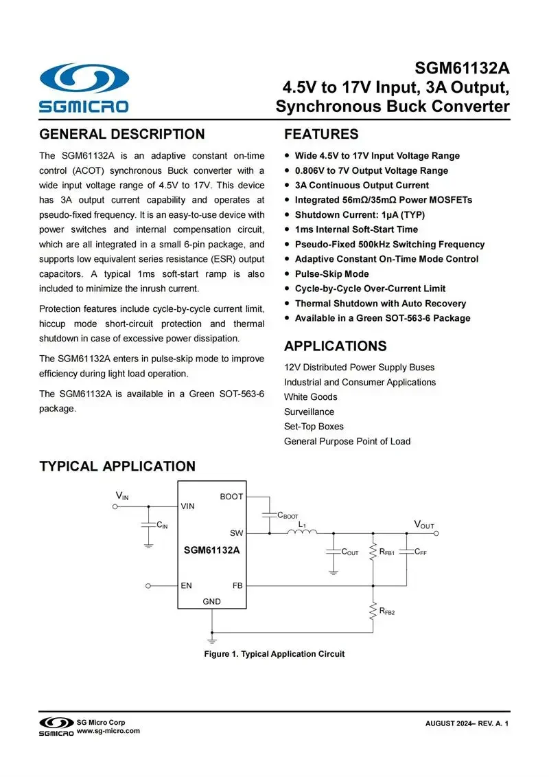 10Pcs/Lot SGM61132AXKB6G/TR SOT-563-6,Marking:05**,4.5V~17V Input,3A Output,Synchronous Buck Converter,Electronics