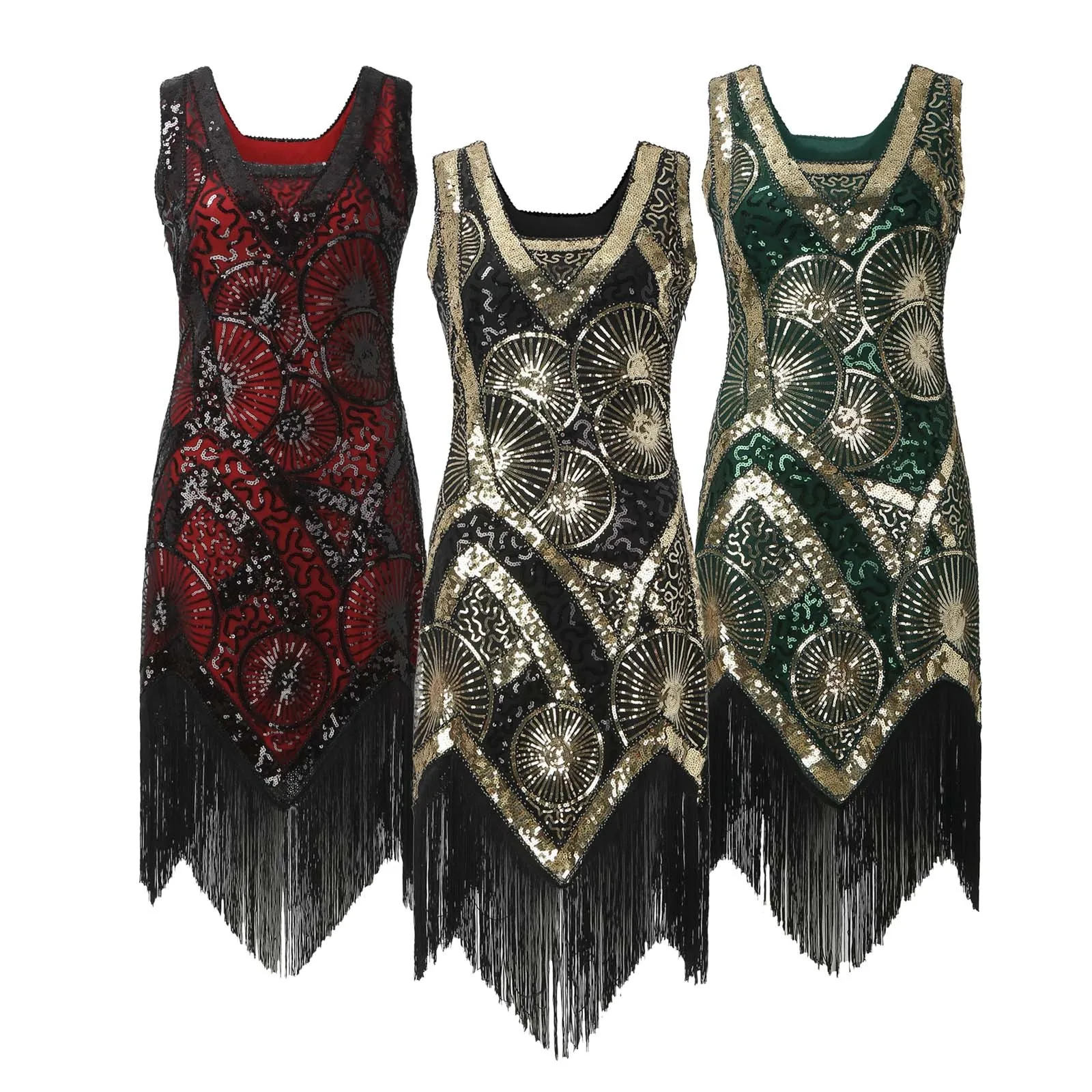 Women's Flapper Dresses 1920s Sequins Art Deco Gatsby Cocktail Dress with Sleeve Sexy V-neck Fringe Fancy Prom Dresses 2024