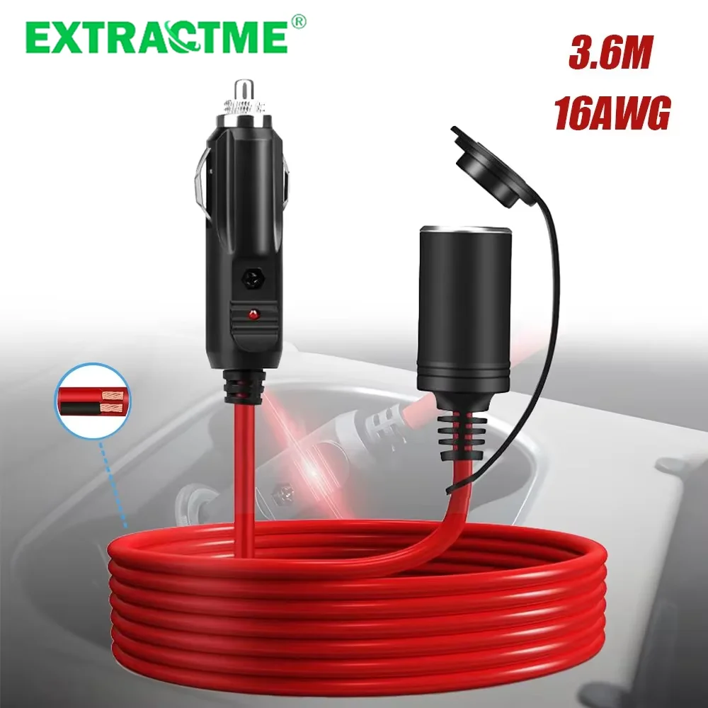 

Extractme 3.6M 15A Car Cigarette Lighter Extension Cord 12V 24V 16AWG Car Splitter Charger Cable Socket Plug Auto Accessories