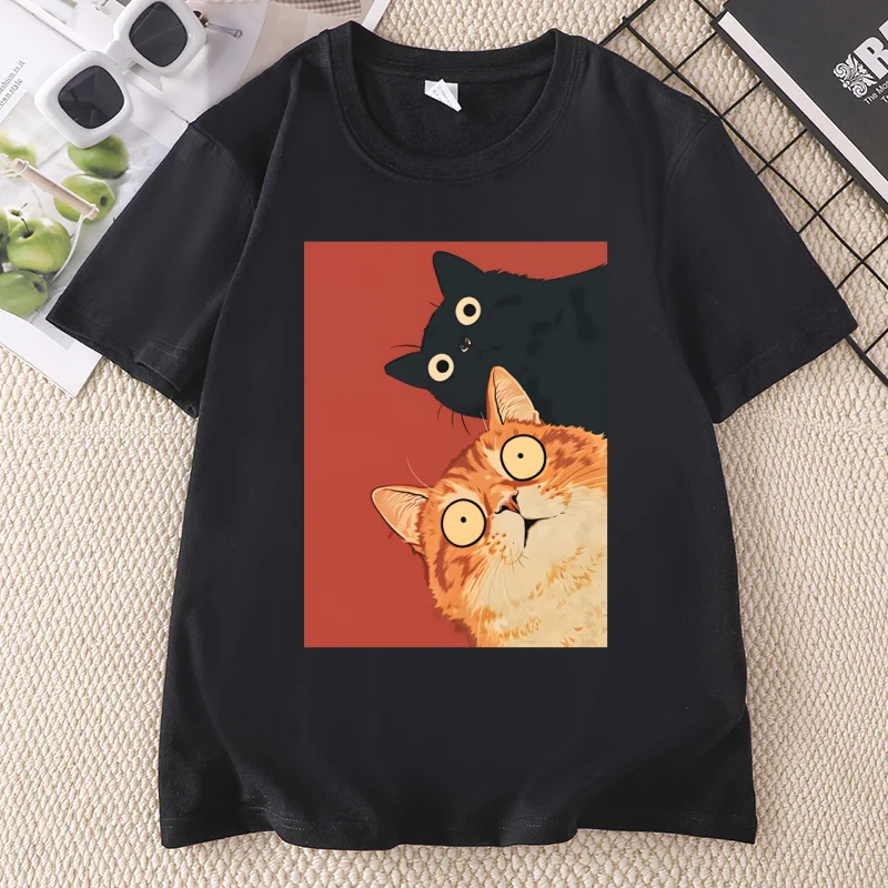 Kawaii Vintage Black Cat Print T-Shirt Korean Style Casual Streetwear T Shirt for Women and Streetwear Basic Tees
