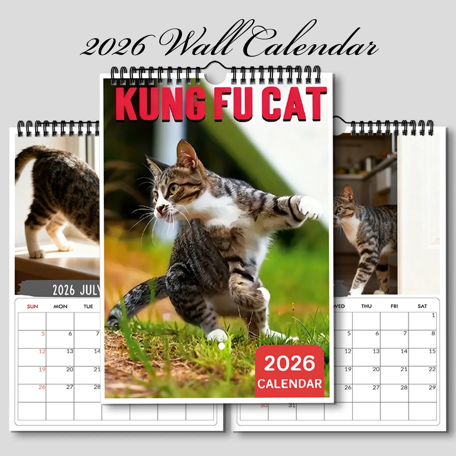 1 ชิ้น 2026 ปฏิทินติดผนัง,ธีมแมวกังฟู,เหมาะสำหรับตกแต่งบ้านและสำนักงาน,ภาพประกอบที่สวยงาม,การออกแบบที่สนุกสนาน,การพิมพ์คุณภาพสูง