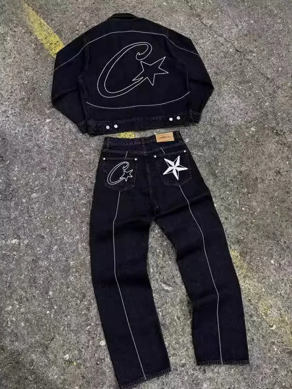 

American Retro Star Denim Jaet And Pants Set Youth Casual Wear Youthful Sle Straight Leg Loose Fit Jeans Outfit