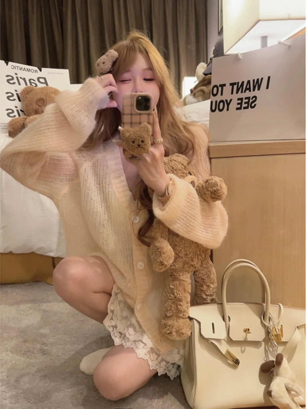 

Yukiss Soft Long Sve вязаный свитер с V-образным вырезом, свободный крой, ультратонкий кардиган, однотонная смесь Camere