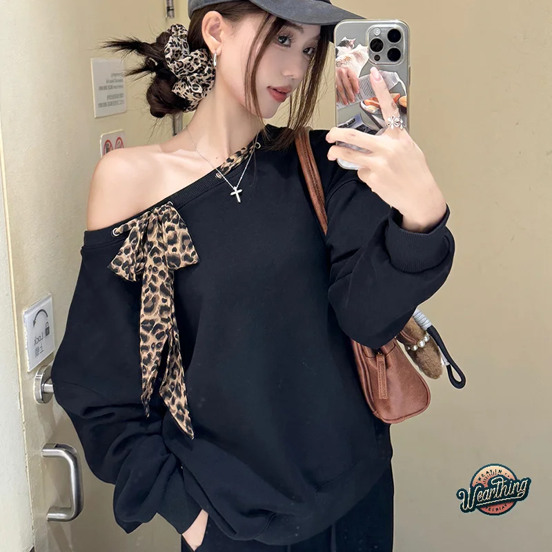 Women Hoodies Harajuku Y2k Sweatshirts Leopard Scarf Casual Pullover Off-shoulder Long Sleeve Lazy Loose Sweatshirt For Women