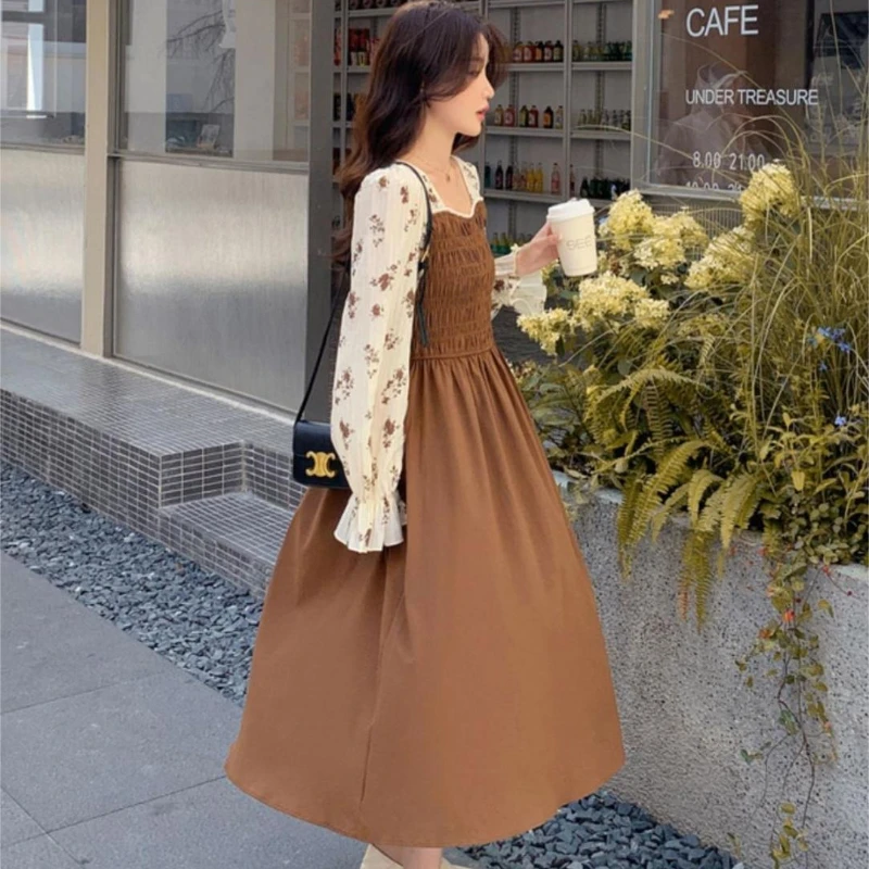 Splicing Khaki Floral Dresses for Women A-line Skirt Casual Korean Style One Pieces Elegant and Pretty Woman Long Sleeve Dress