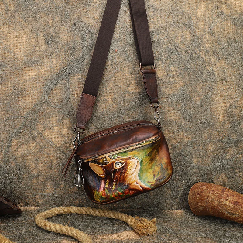 GENUINE LEATHER Women Bag Original Hand-Painted Female Crossbody Bag Retro Small Saddle Bag Leather Shoulder Handbags