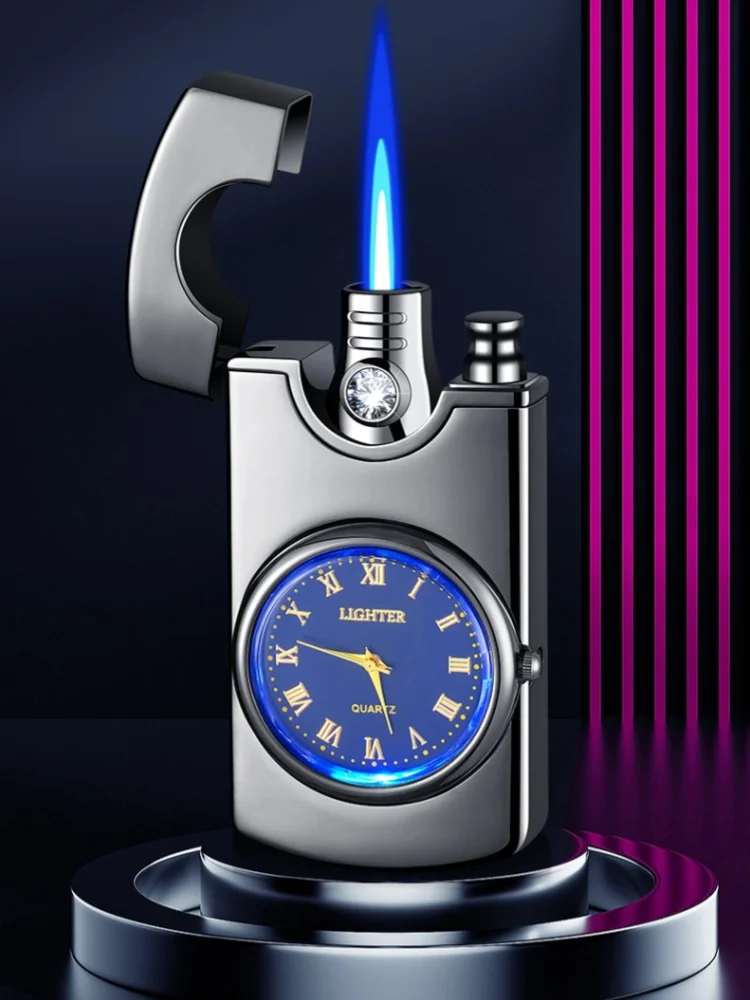 Neuartige Einzigartige Flammenstrahl-Metall-Butangas-Zigarrenfeuerzeuge Kreatives Feuerzeug mit Uhr Premium Festival-Geschenke Raucherzubehör