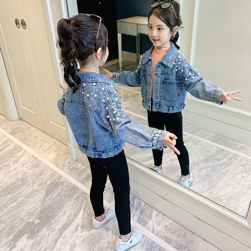 2024 New Fashion Pearls Beading Denim Jacket For Girls Coat Spring Autumn Children\'s Outerwear 3-10 Years Teenage Girls Clothes