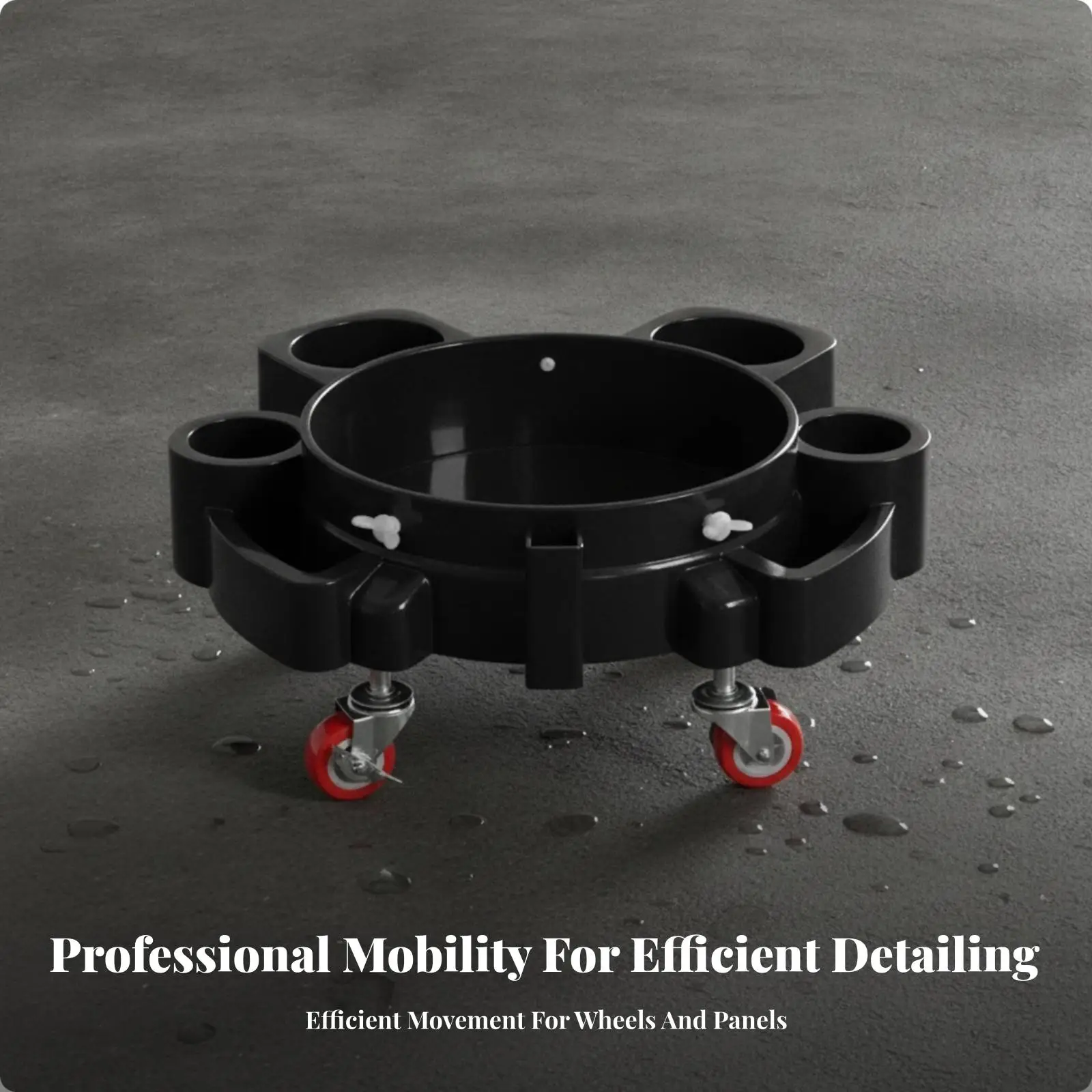 Rolling Utility Bucket Holder for Car Washing with Multiple Tool Storage Slots and Easy Movement Design