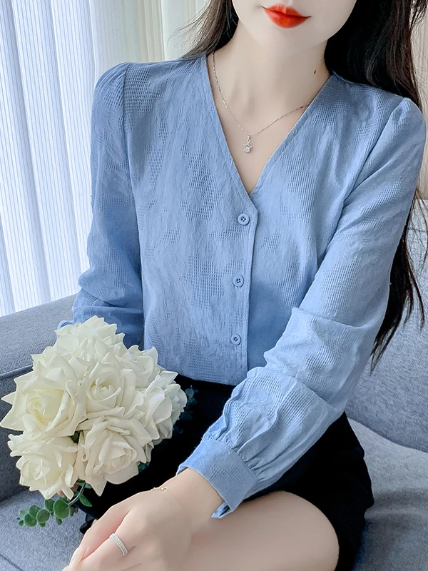 

Женская блузка из чистого хлопка с длинными рукавами, V-образным вырезом, рукавами-фонариками, цветочной вышивкой, приталенная, в корейском стиле, для повседневной носки