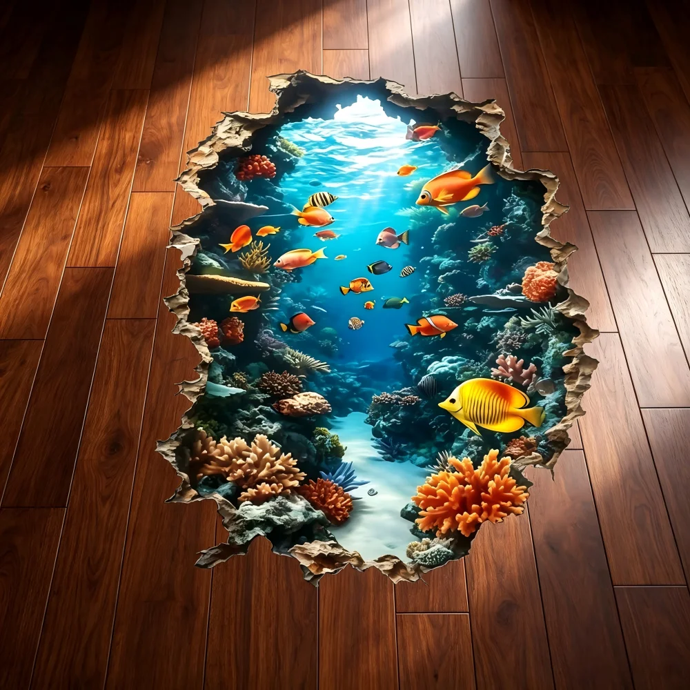 1pc underwater world floor sticker, with groups of tropical fish shuttling through it, paired with colorful coral and seaweed