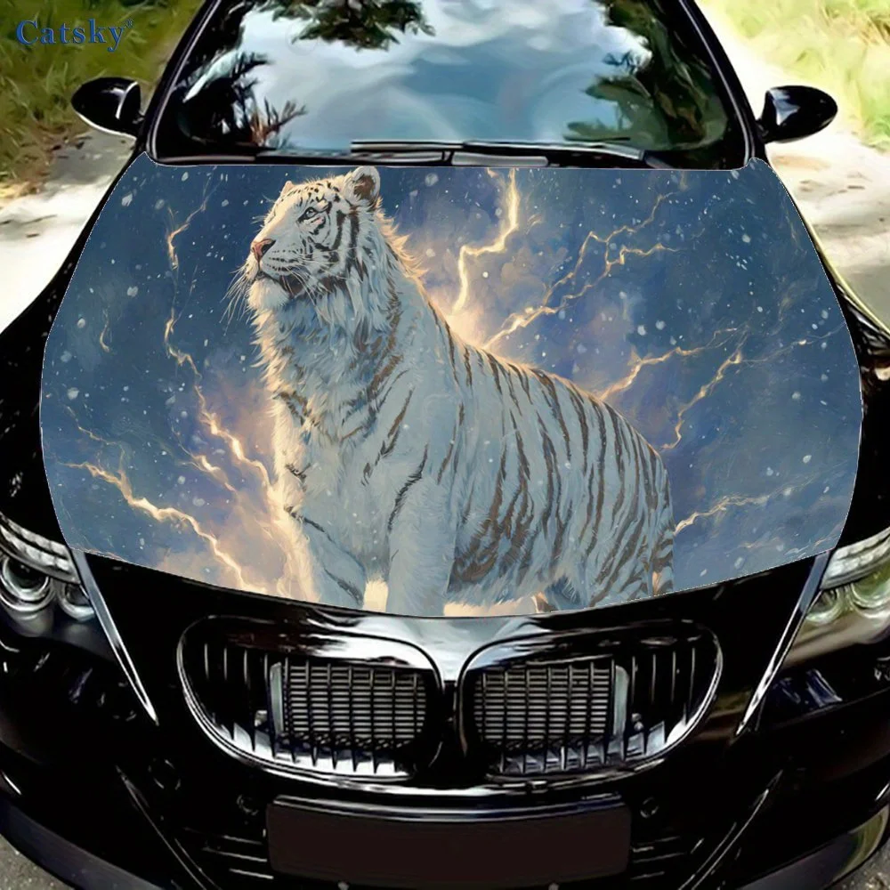

White Tiger Shimmering with Golden Light Car Engine Hood Sticker, Auto Art Decal, Car Exterior Personalized Decoration, Gift for