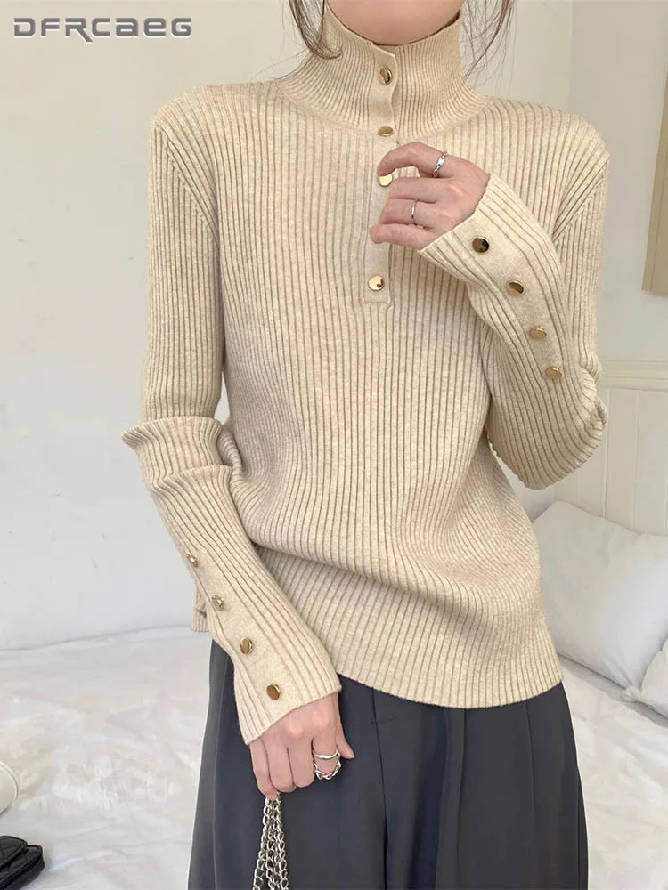 

Осень-зима, водолазка, нижний свитер для женщин, корейский стиль, тонкий вязаный верх с длинными рукавами, одежда на пуговицах