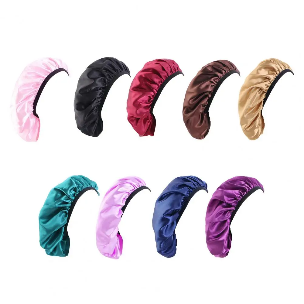 Sleep Bonnet Large Size Black Slim Band Elastic Shiny Headwear Soft Women Long Curly Hair Wrap Satin Hat Sleeping Home Supplies