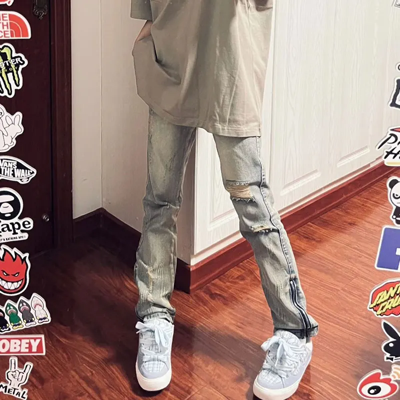 

Прямые джинсы с высокой талией в стиле ретро, женские джинсовые брюки с боковой молнией и эффектом похудения, American High Street Sle