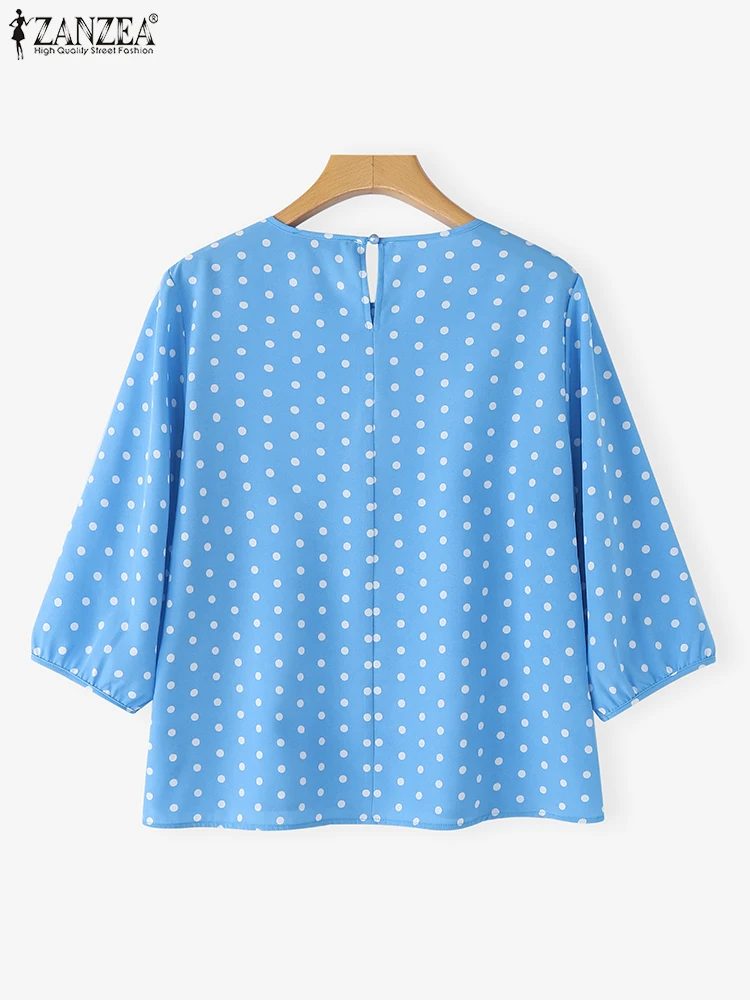 ZANZEA Women Polka Dot Blouse O Neck 3/4 Sleeve Summer Tops 2025 Fashion Pockets Elegant Tunic Oversized Casual Loose Pullovers