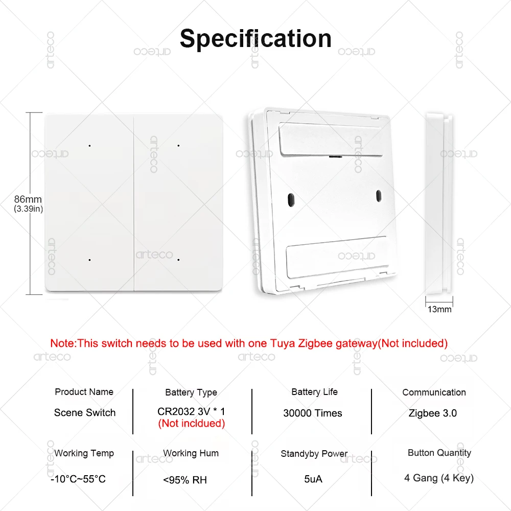 Tuya ZigBee Wireless 4-Gang-Szenenschalter Push Button Controller Batteriebetriebene Smart Life App Home Automation für Zigbee-Gerät – Detail 12