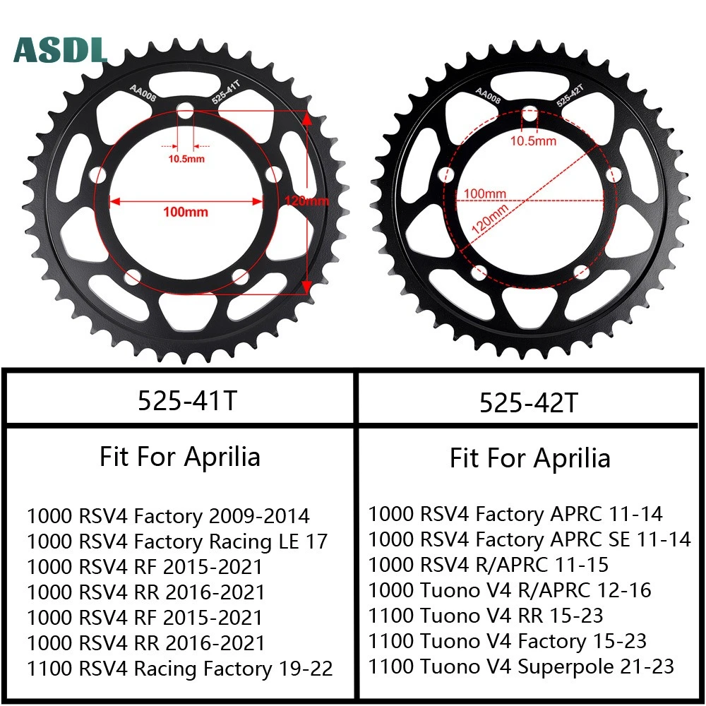 

525 41T 42T Rear Sprocket for Aprilia 1000 1100 RSV4 Racing Factory RF RR 1000 Tuono V4 2012-2016 1100 Tuono V4 RR 2015-2023