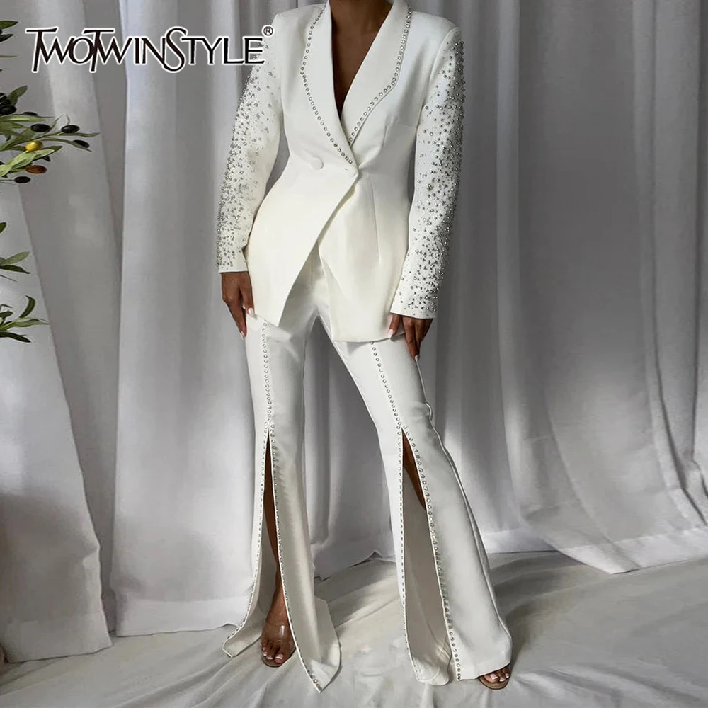 

TWOTWINSTYLE Solid Spliced Diamonds Two Piece Set for Women Lapel Long Sleeve Blazer High Waist Pant Slim Sets Female