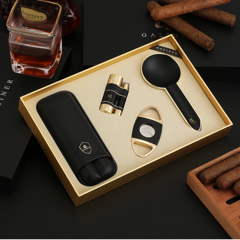 GALINER Cigar Set Lighters W/ Cigar Drill Puncher Metal 1 Slot Home Ashtray Sharp Guillotine Cutter Cigar Case Leather Travel