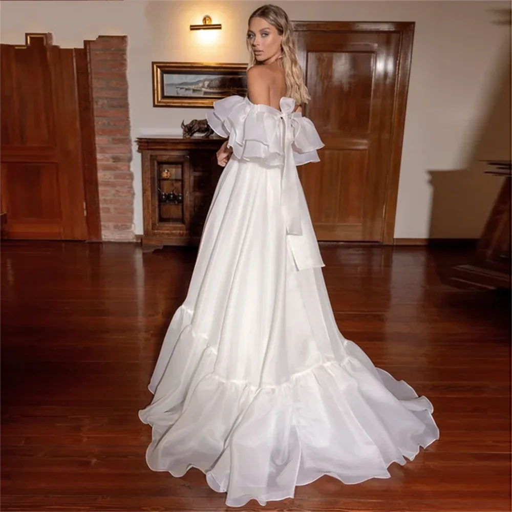 2 Pieces Organza Wedding Dresses Detachable Sleeve Bridal Gowns With Ruffles White Birthday Evening Gowns vestido de novia