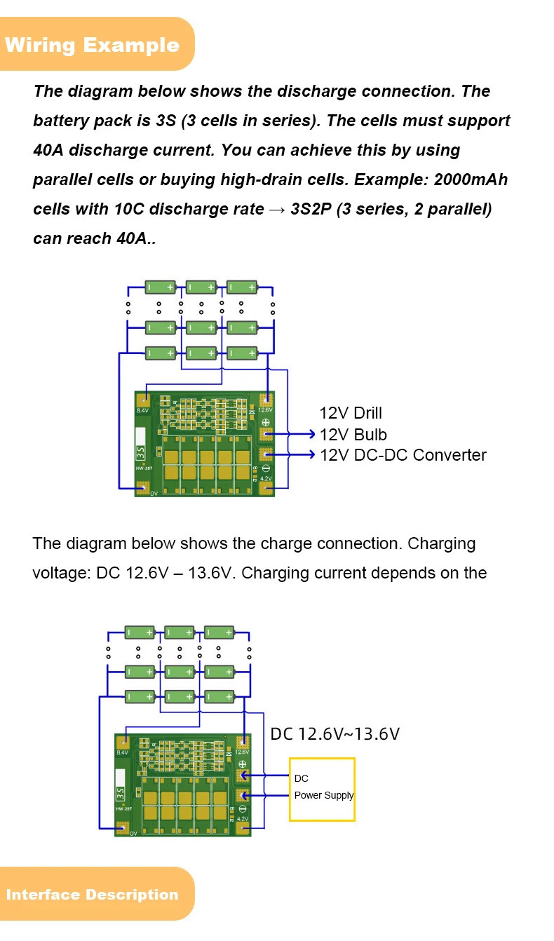 3S 4S 40A 60A Li-Ionen-Lithium-Batterieschutzplatine BMS 12V 16.8V mit Überladungsschutz und verbessertem Balancing für Bohrmaschinen und DIY-Anwendungen – Detail 2