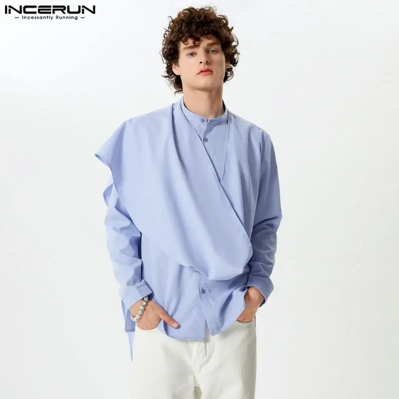 2024 Men Irregular Shirt Solid Color Lapel Long Sleeve Button Streetwear Camisas Personality Fashion Casual Men Clothing INCERUN