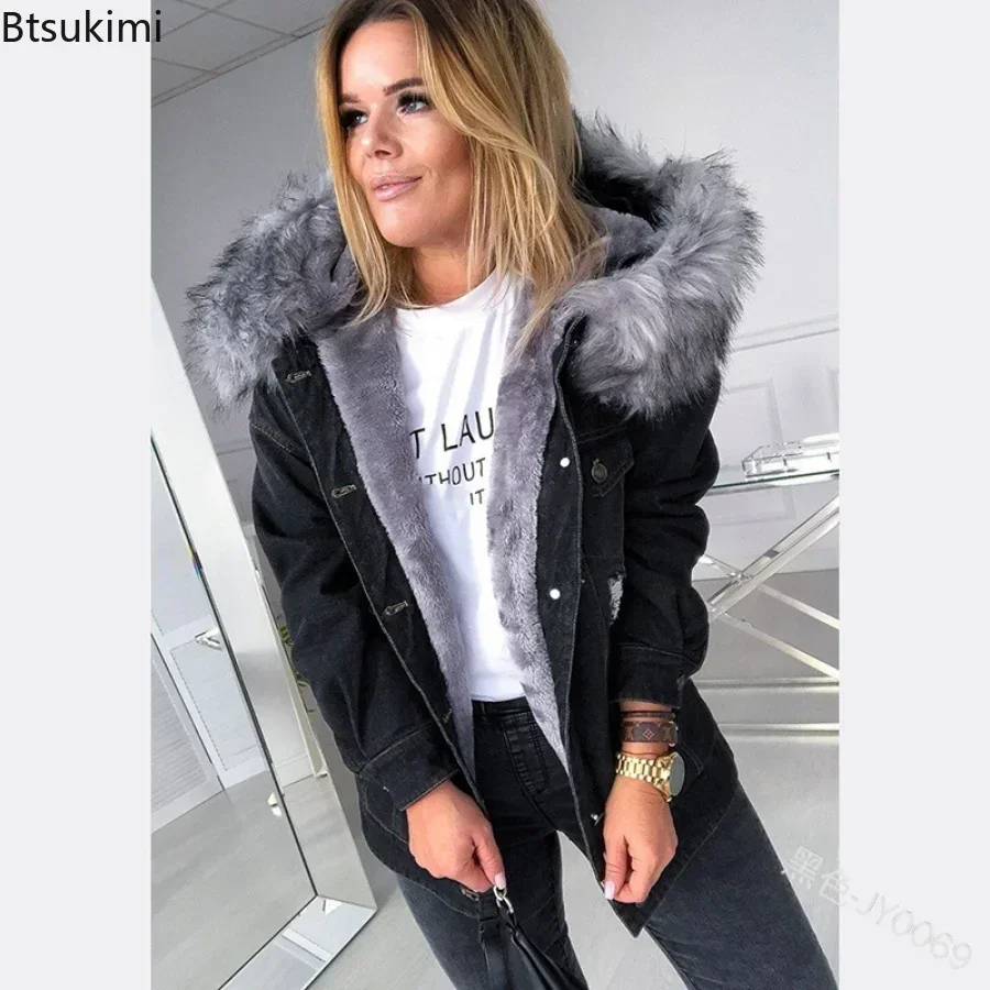 2024 outono inverno feminino quente gola fofa com capuz denim jaqueta casaco grosso de pelúcia forrado manga longa jeans casaco feminino outwear