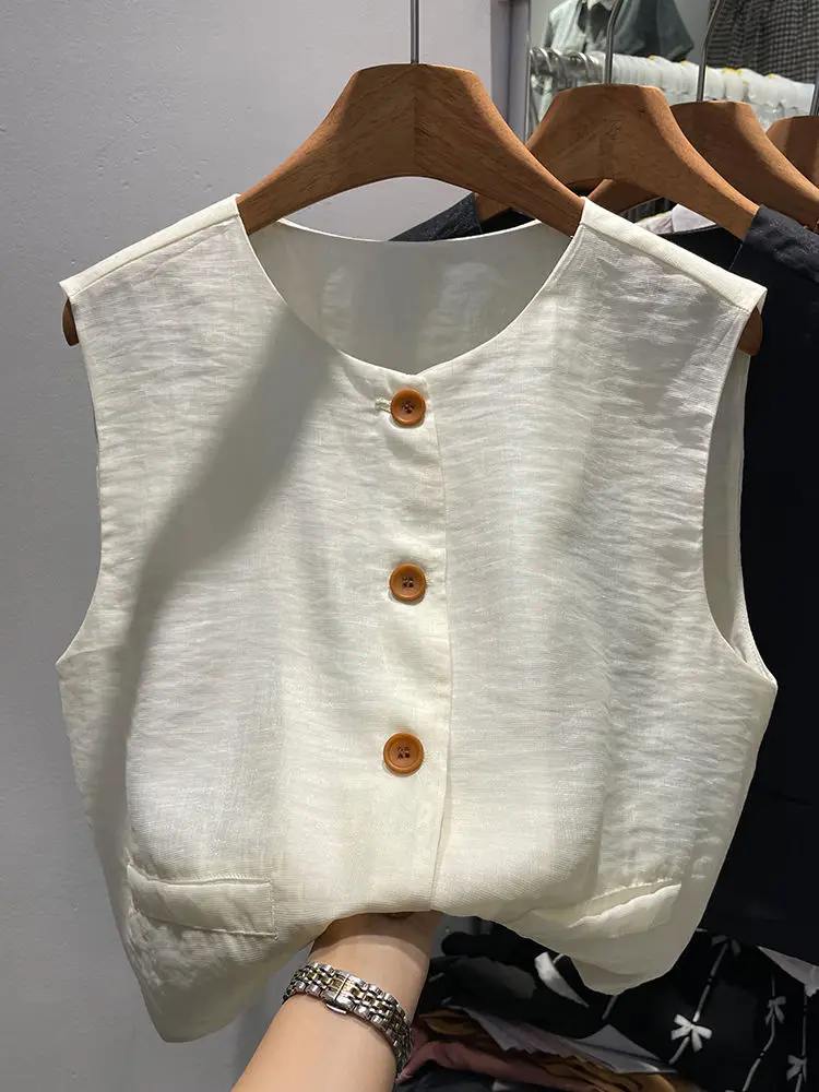 

Casual Sleeveless Women's Vest Fashionable Versatile Summer Top Button Detail Loose Fit Pure Color Elegant Design