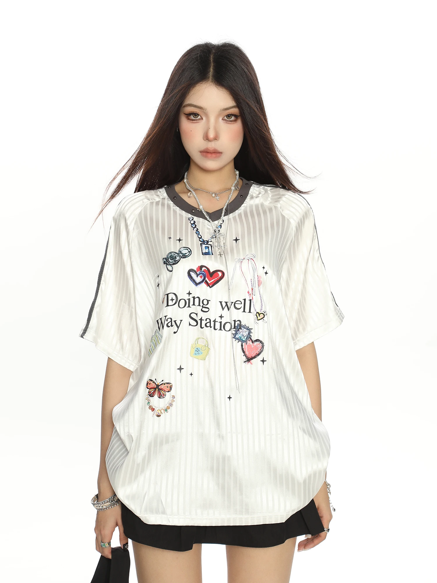 

High Quality Hot Selling Wholesale Striped Graffiti Short Sleeved T-shirt Women's Summer Sweet Cool Sports Style Chic Loose Top
