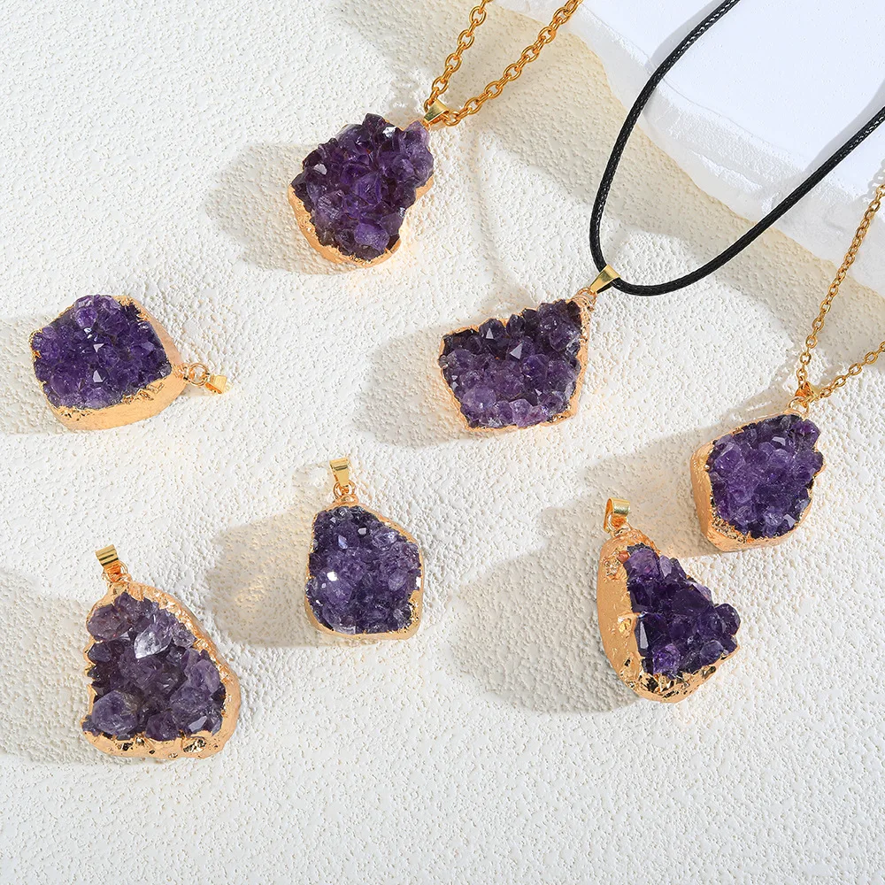 Natural Raw Uruguay Amethyst Healing Crystals Stone Pendant Irregular Mini Cluster Golden Edge Druzy Necklace for Women Jewelry