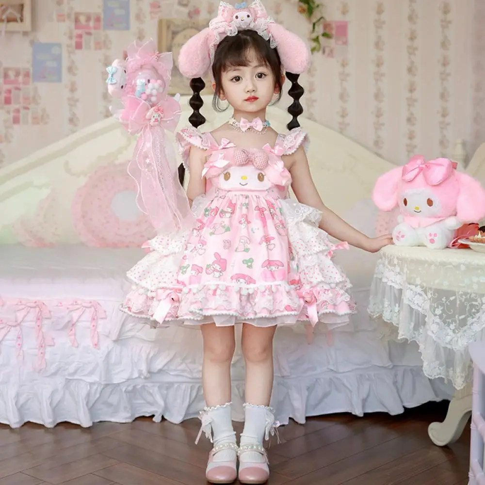 

Sanrio My Melody Girls Lolita Princess Skirt Summer Clothing Cartoon Dress Cute Puffy Skirt Magic Stick Headband Festival Gift