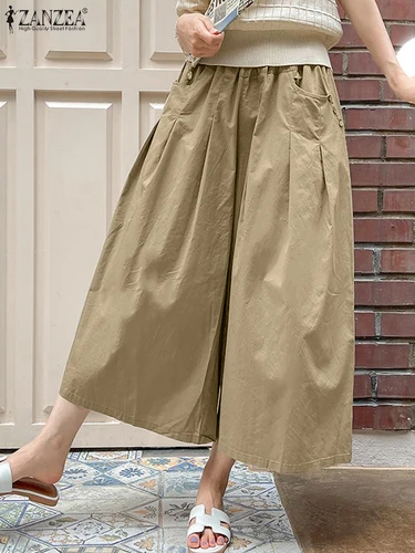 ZANZEA-pantalones recortados con bolsillos lisos para mujer, pantalones largos de pierna ancha, pantalones con cintura elástica para vacaciones, pantalón informal holgado y plisado