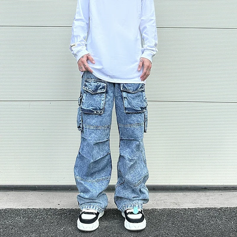 Fashion Loose Streetwear Cargo Denim Jeans Unisex Casual Multi-pocket Wide Legs Jean Pants Hip Hop Joggers Mens Baggy Jeans