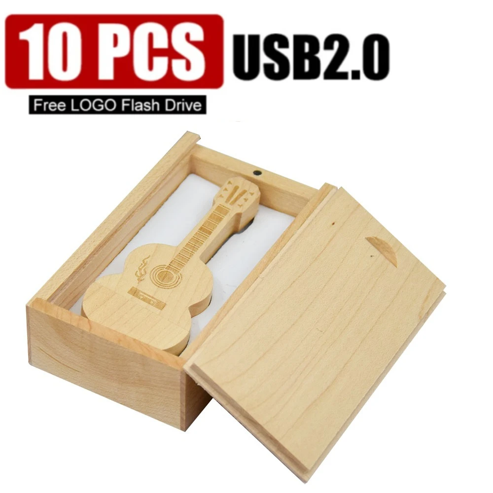 

Free Custom LOGO 10PCS/LOT Wooden Guitar USB 2.0 Flash Drive 4GB 8GB 16GB 64GB Gifts Pen Drives Box Memory Stick Comes With BOX
