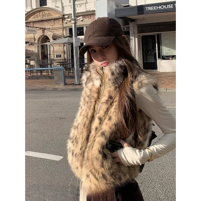

2000s American Vintage Vest Coats Women Sleeveless Outwear Faux Fur Jackets Korean Fashion Winter Leopard Clothing Korean