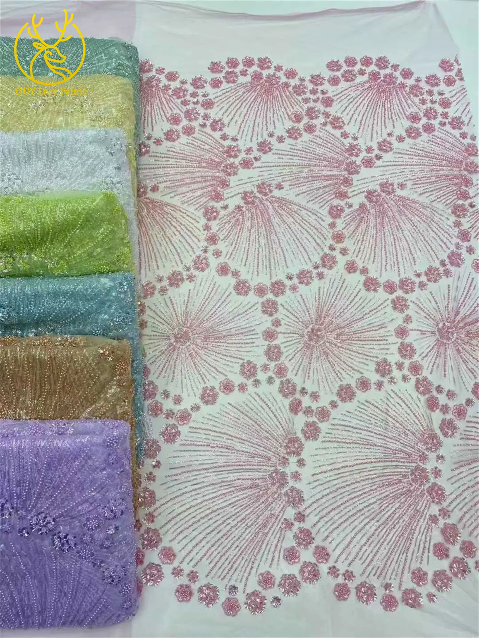 ピンクファッションナイジェリアフレンチスパンコール刺繍フラワーレース生地アフリカビーズチュールレース女性のためのパーティードレス