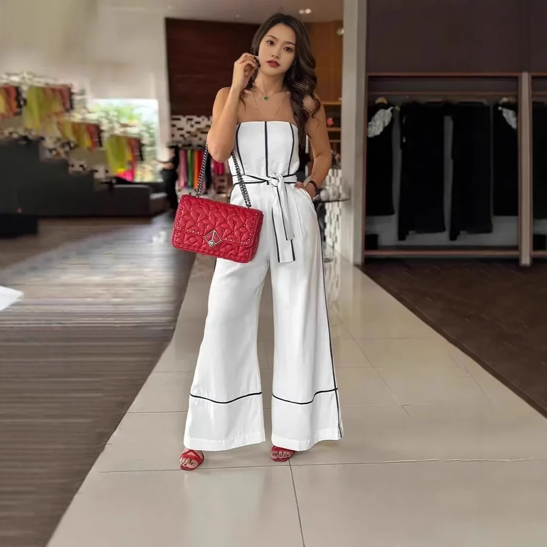 

Jumpsuit Women Romper High Waist Wide Leg Pants Sleeveless Lace Up Temperament Jumpsuits Elegant 2025 Female One Piece Overalls