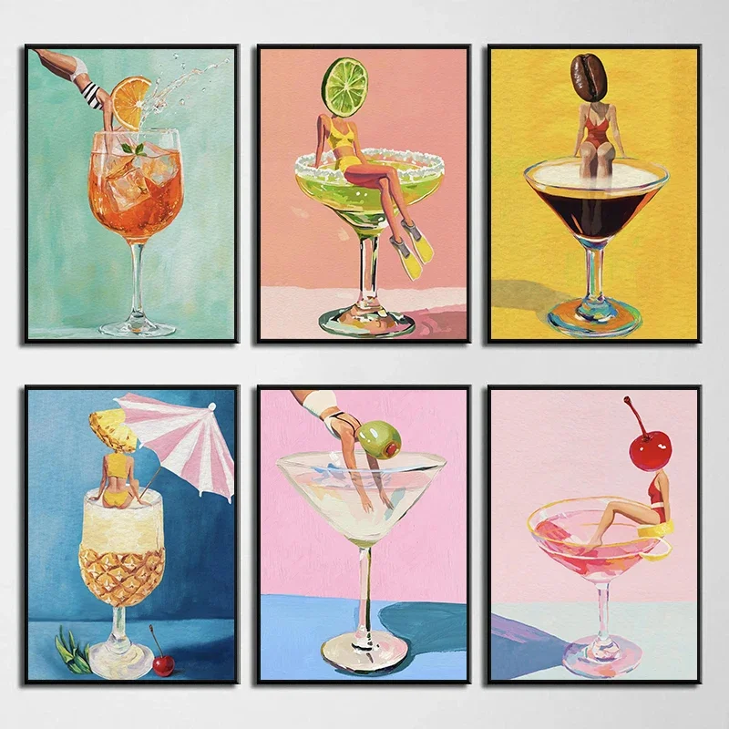 Coffee Martini Cocktail Margarita Drink Girl Jumping Into Wine Glass Fun Poster Canvas Printing Wall Art Bar Club Kitchen Dec