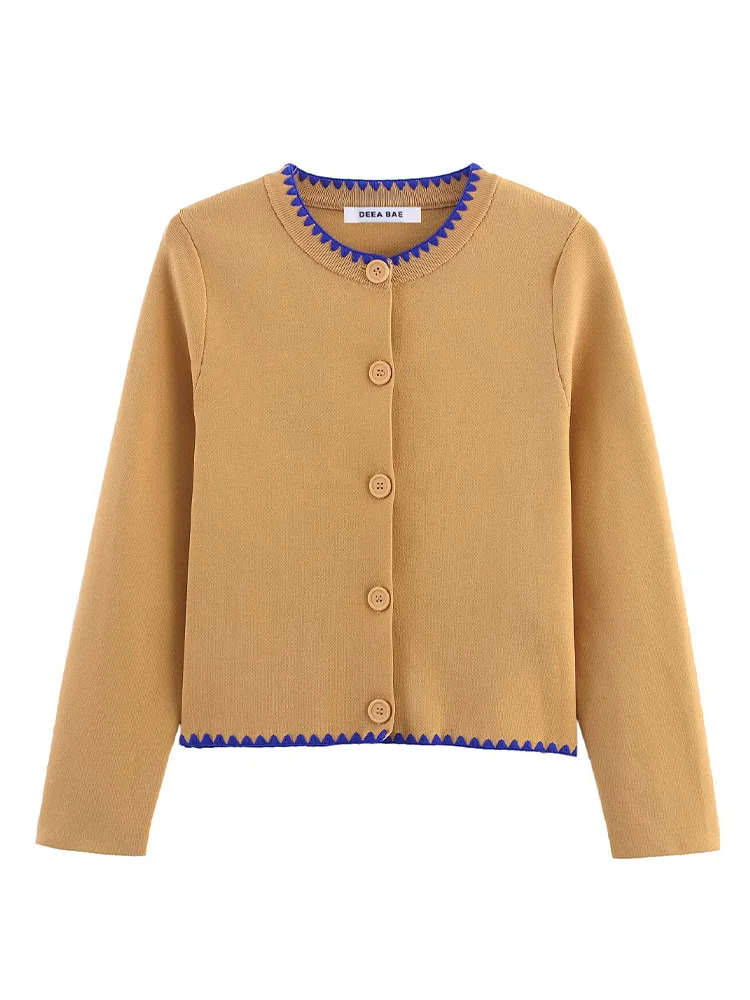 

European style new women's fashion versatile temperament simple contrast color embroidery knitted jacket