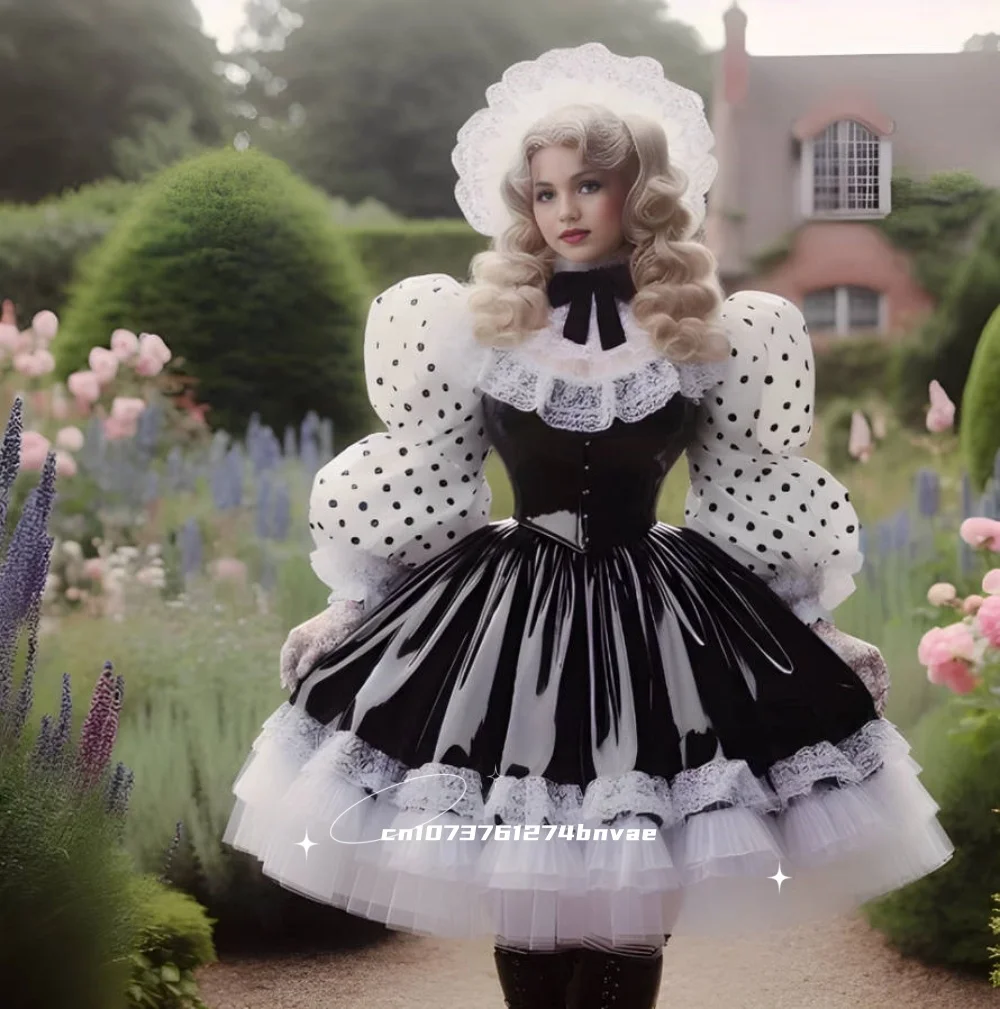 Vintage schwarz und weiß kurzes Ballkleid Ballkleid Falten lange Ärmel Lolita Cosplay Partykleid Halloween Kostüm individuell