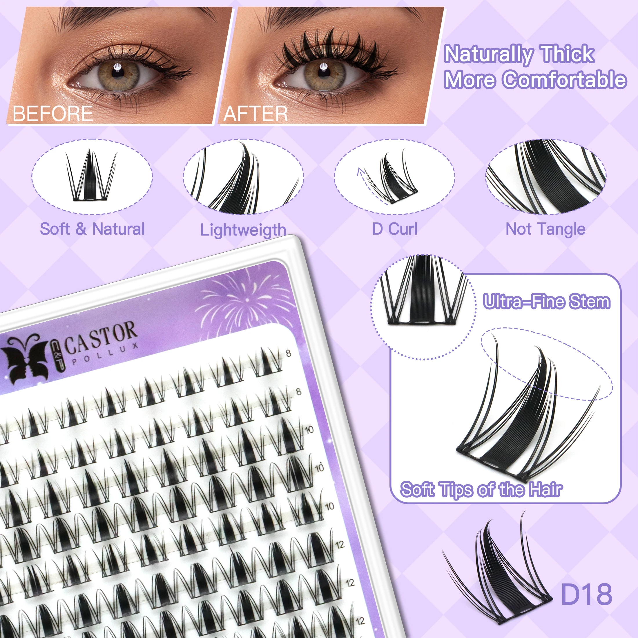 مجموعة ملحقات رموش ذاتية الصنع D18 مجموعات رموش فردية مجموعة رموش اصطناعية مع غراء وملاقط مثالية لأدوات المكياج التنكرية cosplay