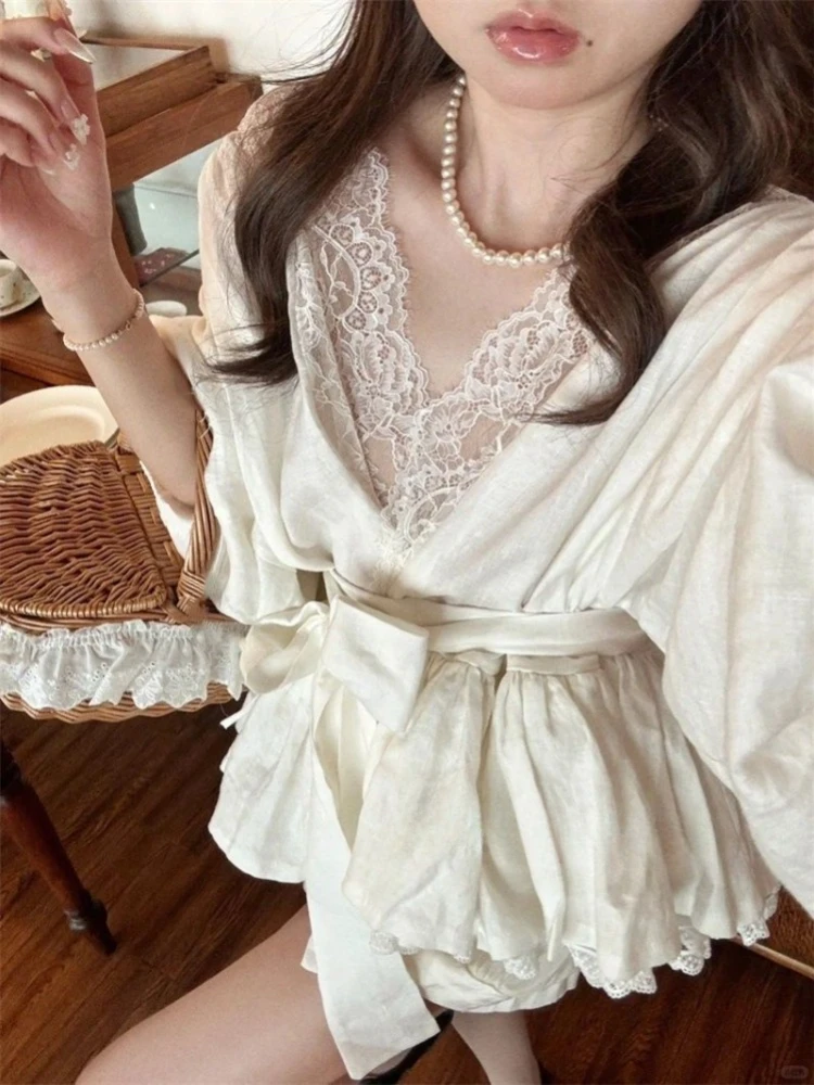 

Women 2026 Early Spring New Long Sleeve Blusas De Mujer Elegant Fashion Lace Patchwork Blouses Y2k Slim Waist Lace Up Shirts