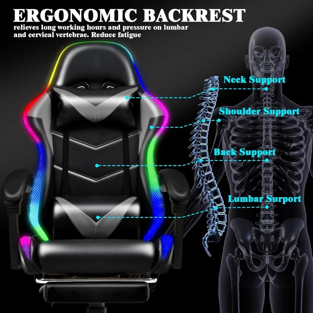 Racing-Style RGB LED Gaming Chair with Lumbar Massage for Adults and Kids, High-Back Reclining Comfort