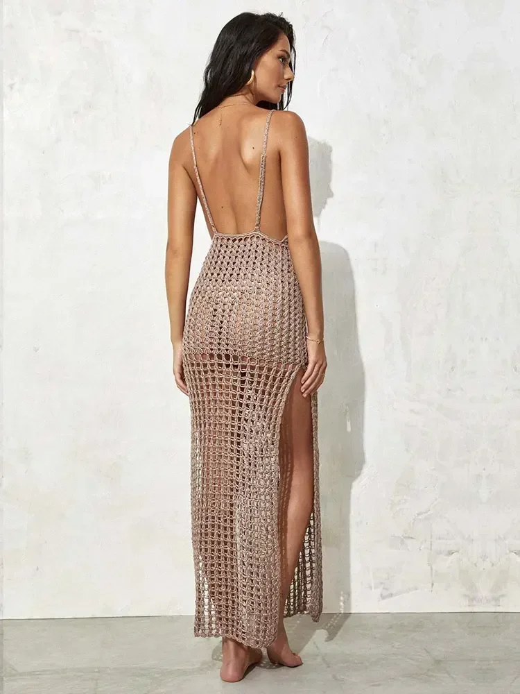 Robe maxi de plage tricotée découpée pour femmes, col en V sexy, licou, décolleté, dos nu, fente latérale, vêtements de plage, vacances d'été, 2024