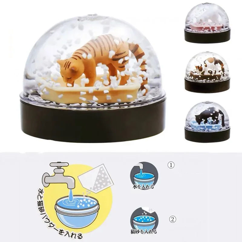 Kawaii Capsule Toys Cat Litter Snow Globe For Kitan Model Building Tiger Calico Kitten Miniature Anime Decors Gashapon Figures