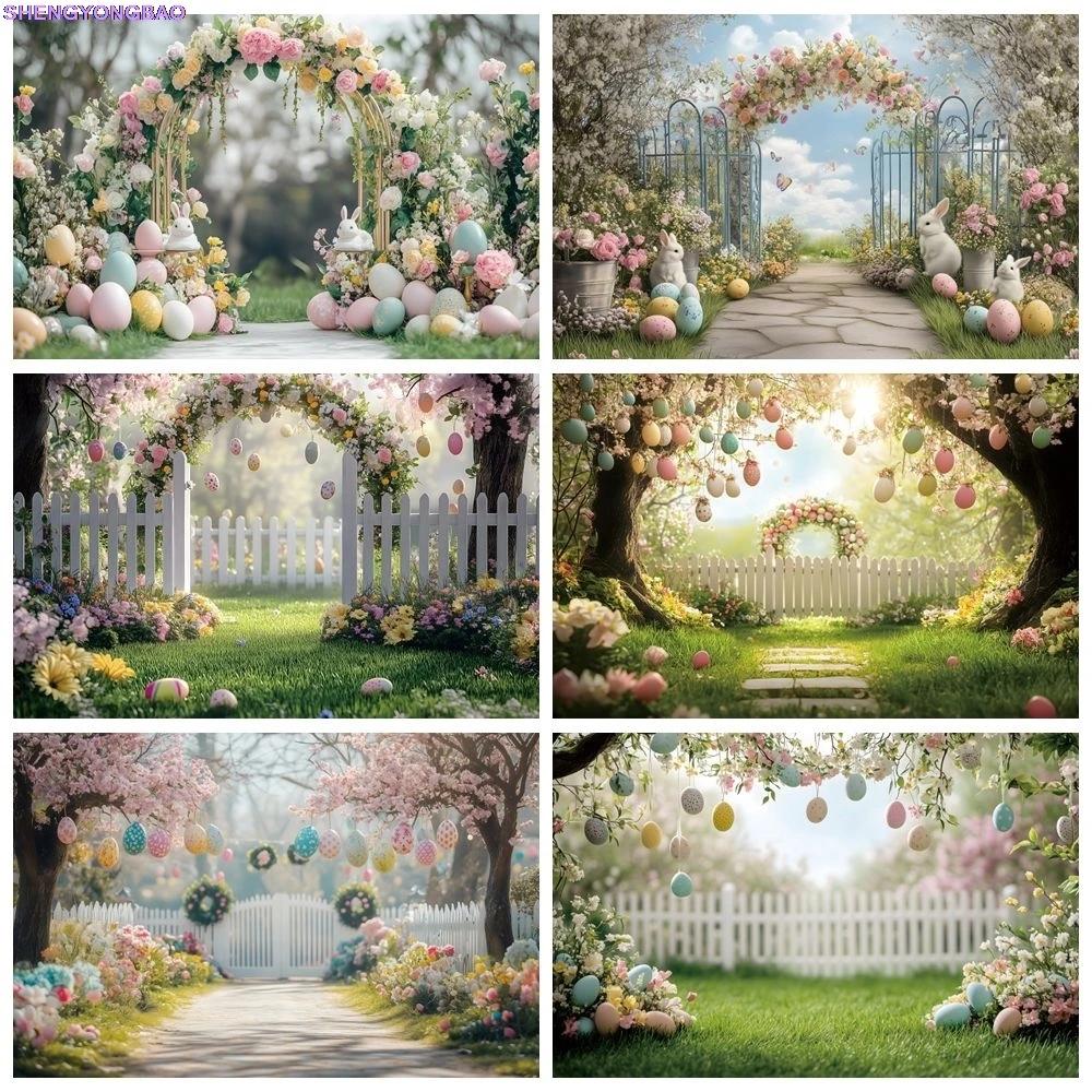 

Spring Easter Garden Backdrop Flowers Arch Colorful Eggs Fence Baby Kids Portrait Birthday Party Decor Photography Background